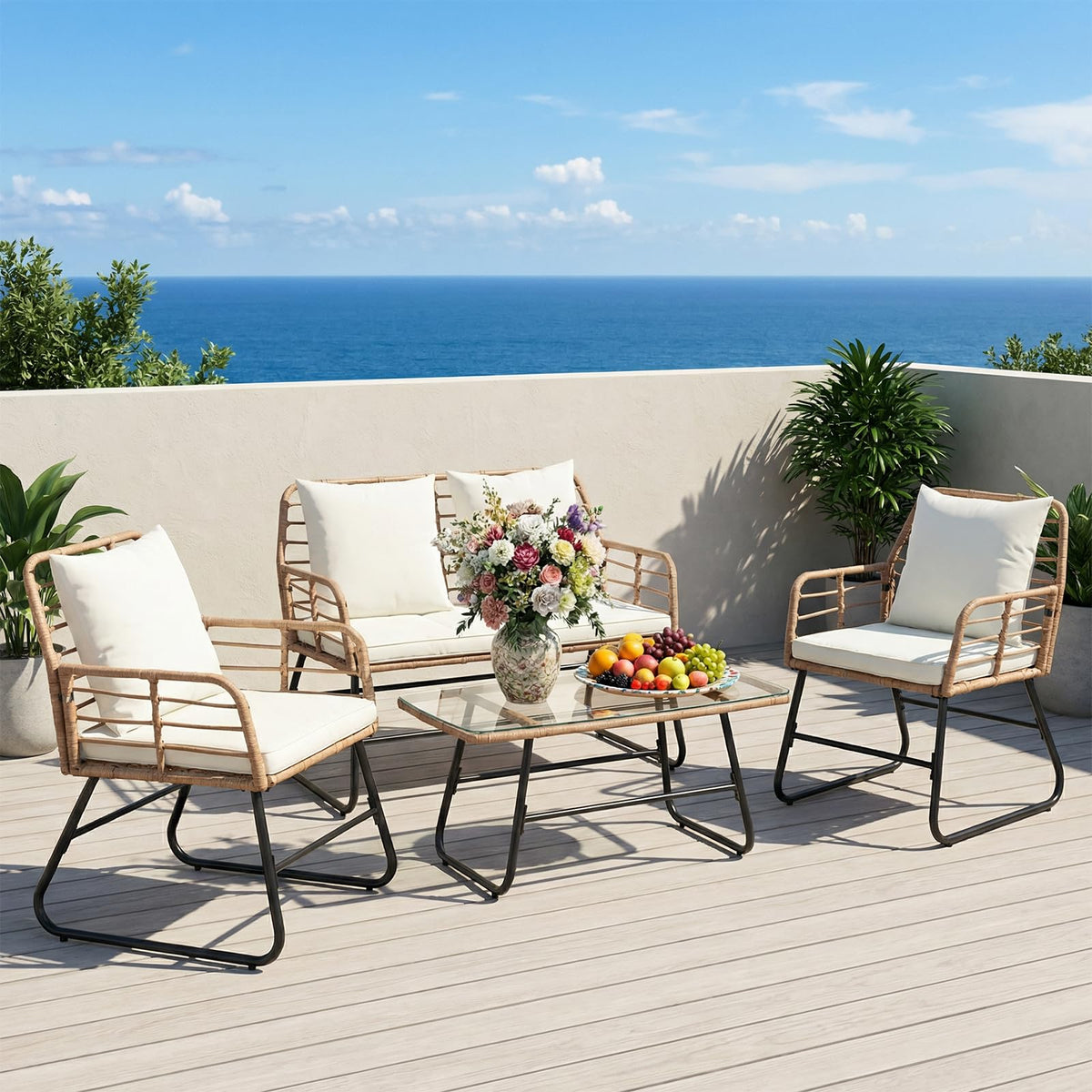 DUMOS 4-piece wicker patio furniture with chairs and coffee table on outdoor deck