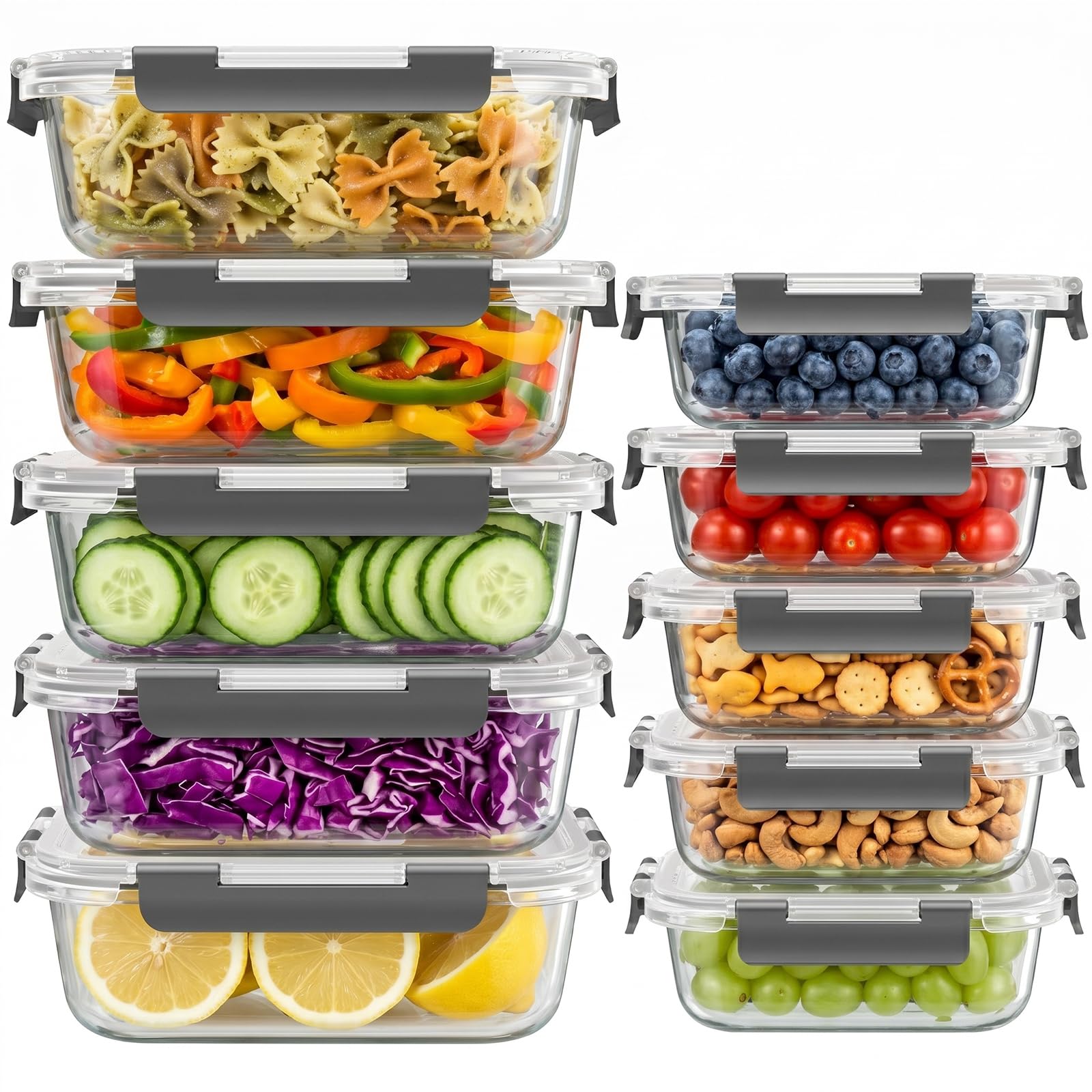 Gray glass food storage containers with lids in 36 oz and 12 oz sizes