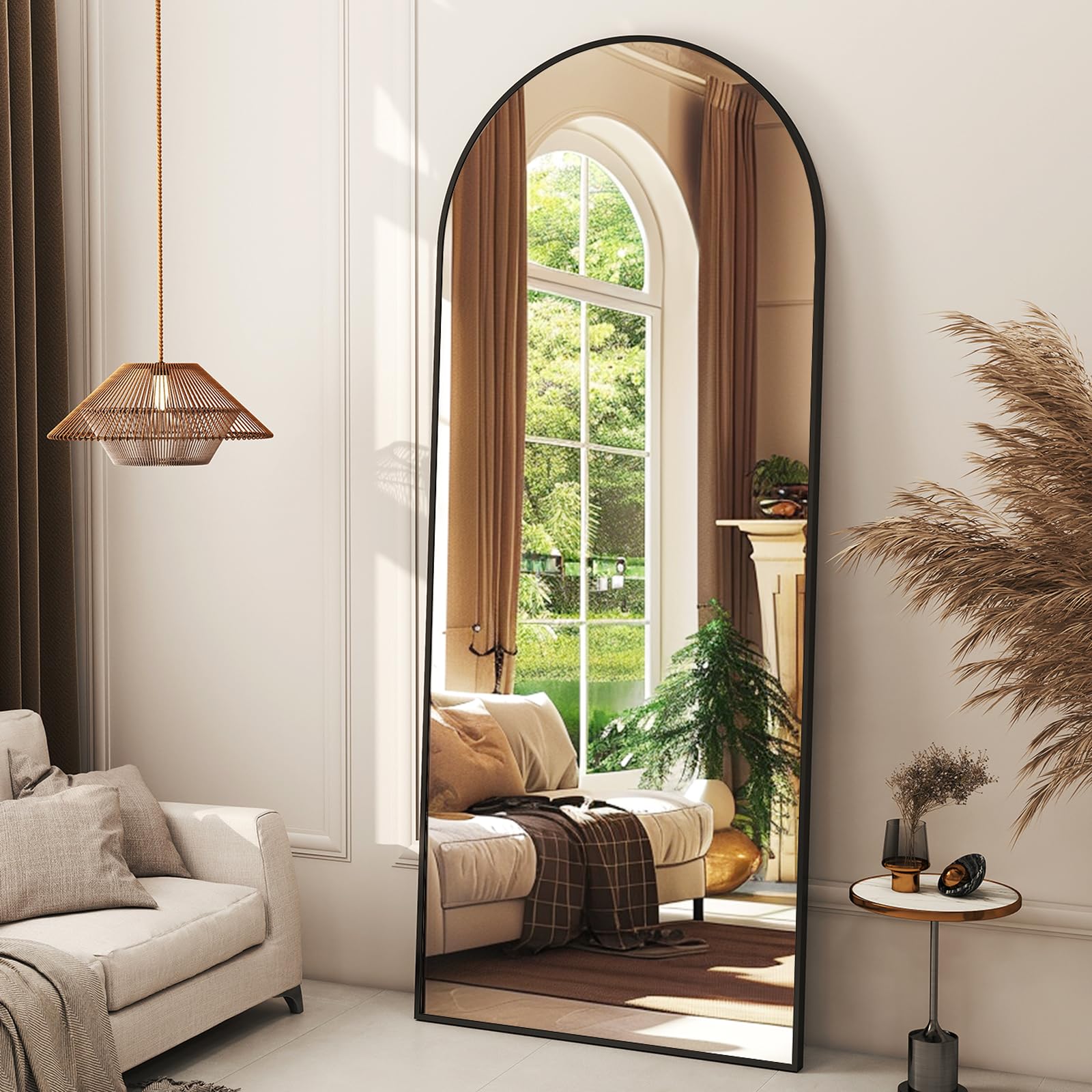 Black arched full-length floor mirror on stand, 56x21 inches