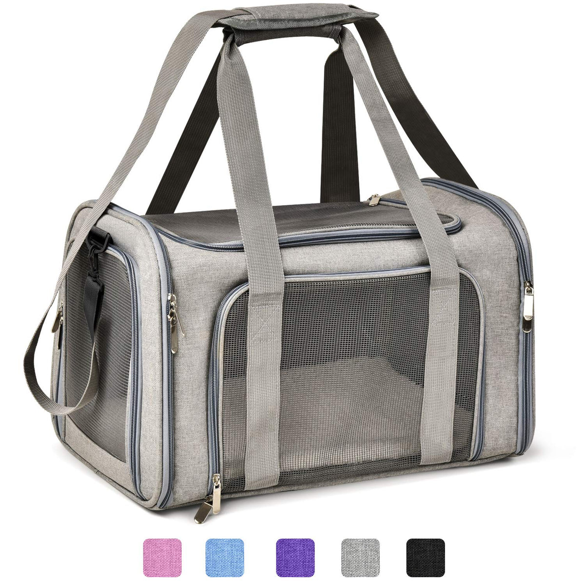 Grey Henkelion soft-sided collapsible pet carrier, small dogs, cats, TSA-approved
