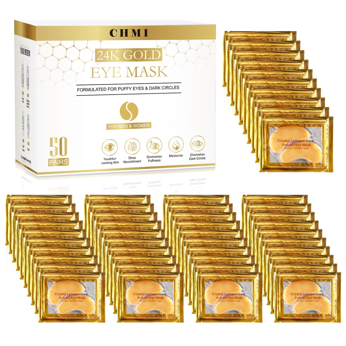 CHMI 24K gold under eye collagen patches on white background