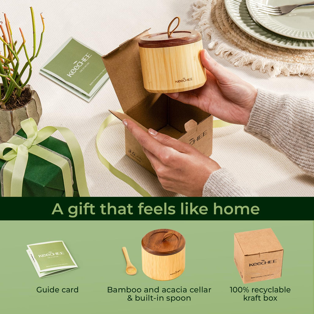 keechee Bamboo Salt Cellar with Acacia Lid & Spoon, 7oz Capacity with Built-In Spoon Slot & Labels, Two-Tone Countertop Seasoning Container (Dual Compartment (Divided) - 1 Pack) image 8