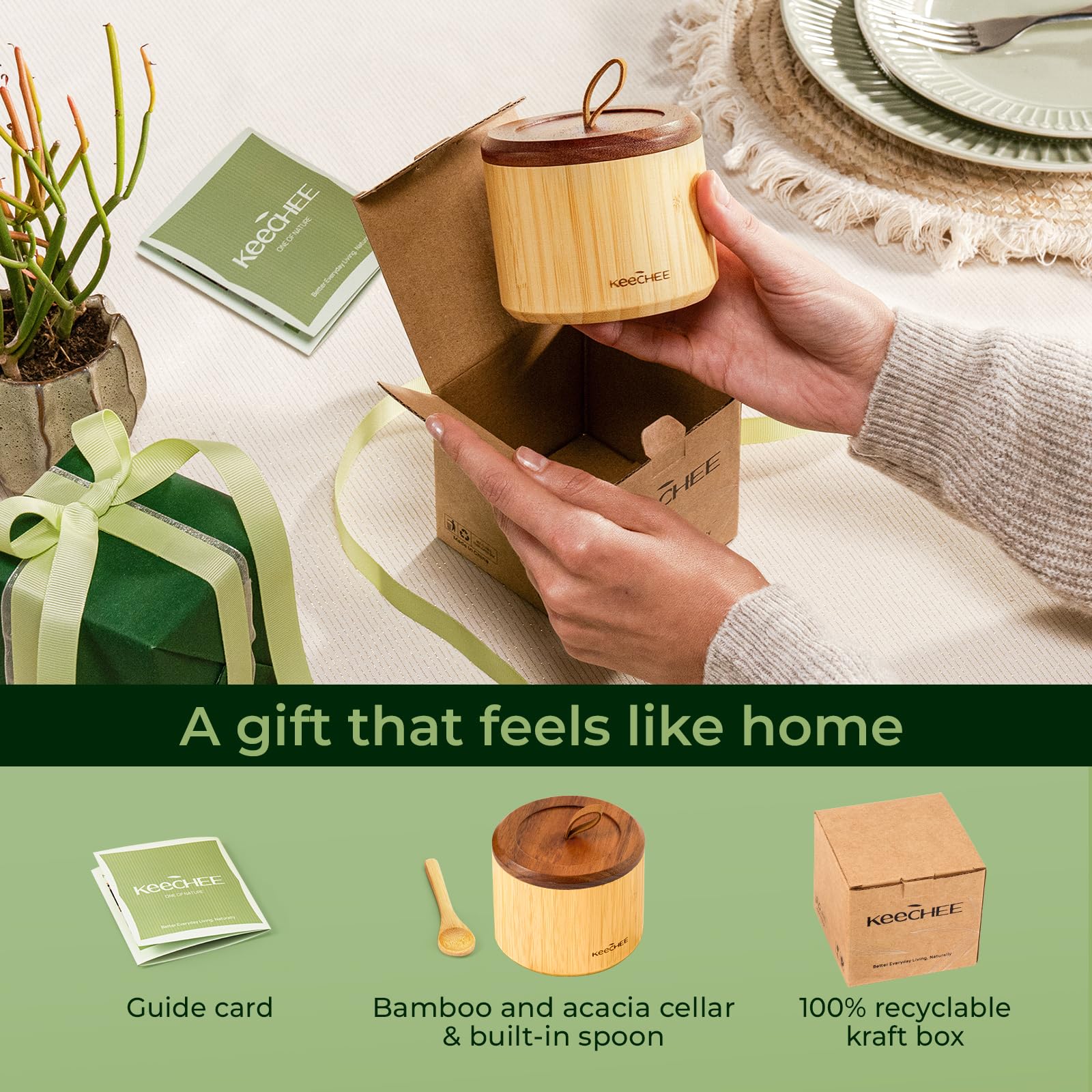 keechee Bamboo Salt Cellar with Acacia Lid & Spoon, 7oz Capacity with Built-In Spoon Slot & Labels, Two-Tone Countertop Seasoning Container (Dual Compartment (Divided) - 1 Pack) image 8