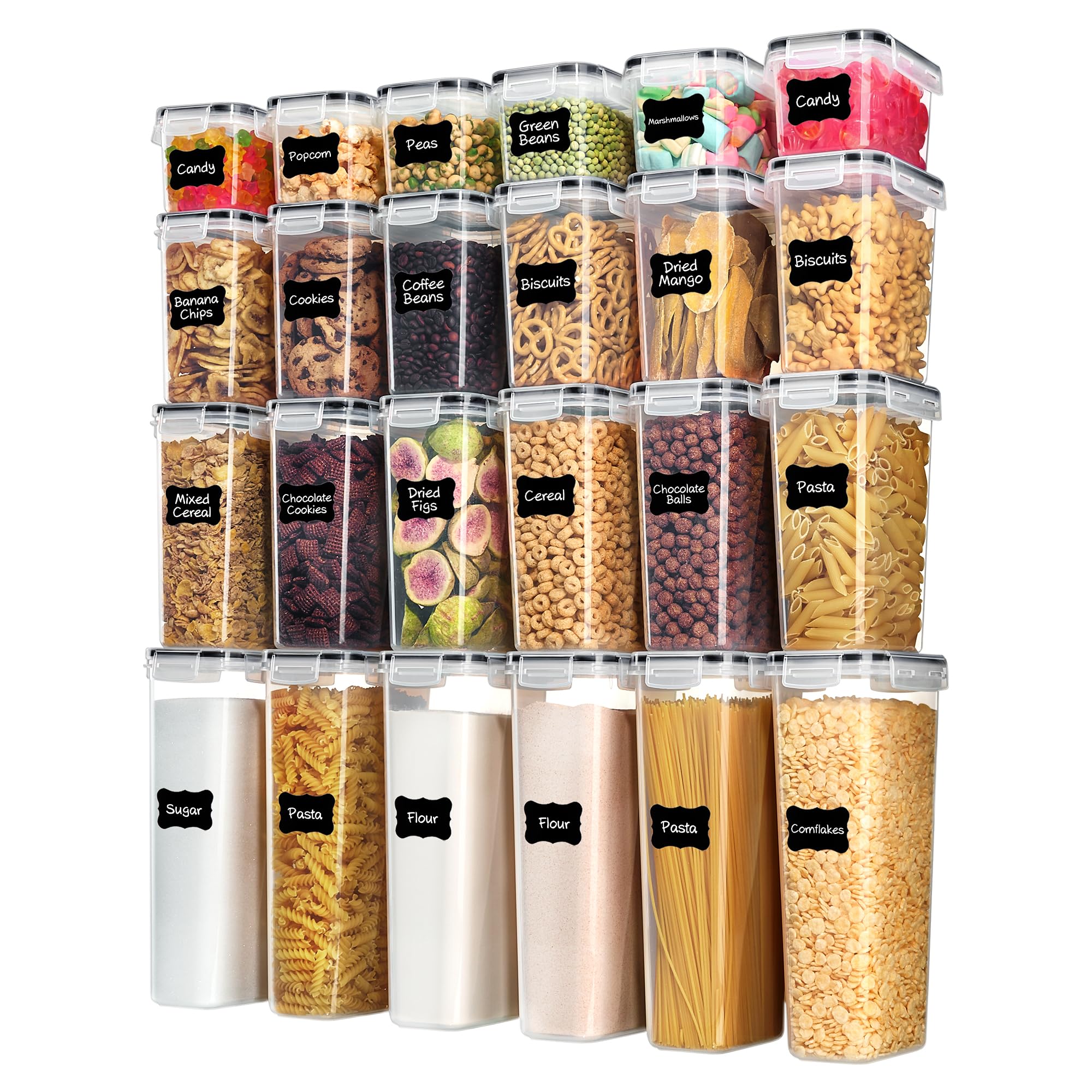 Black Vtopmart airtight food storage containers, lids visible, assorted sizes