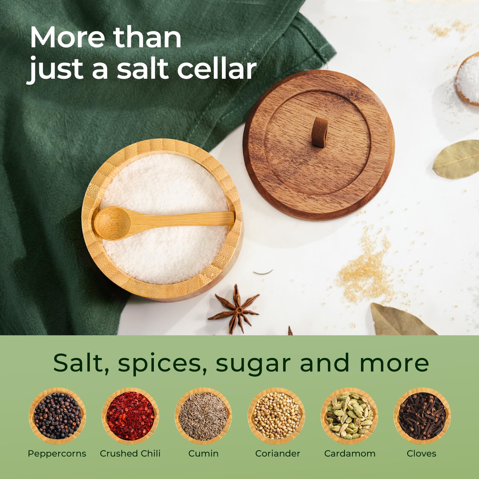keechee Bamboo Salt Box with Acacia Lid & Spoon, 7.7oz Capacity with Built-In Spoon Slot & Labels, Two-Tone Countertop Seasoning Container (Single Compartment - 1 Pack) image 4