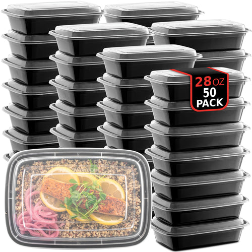 Clear 28 oz single-compartment PROMOZE meal prep containers with snap-on lids stacked