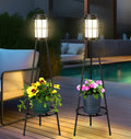 VISFLAIR solar floor lamp plant stand lit on patio at dusk