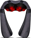 Mirakel heat neck massager wrapped around a model's neck showing cushioned band and control panel