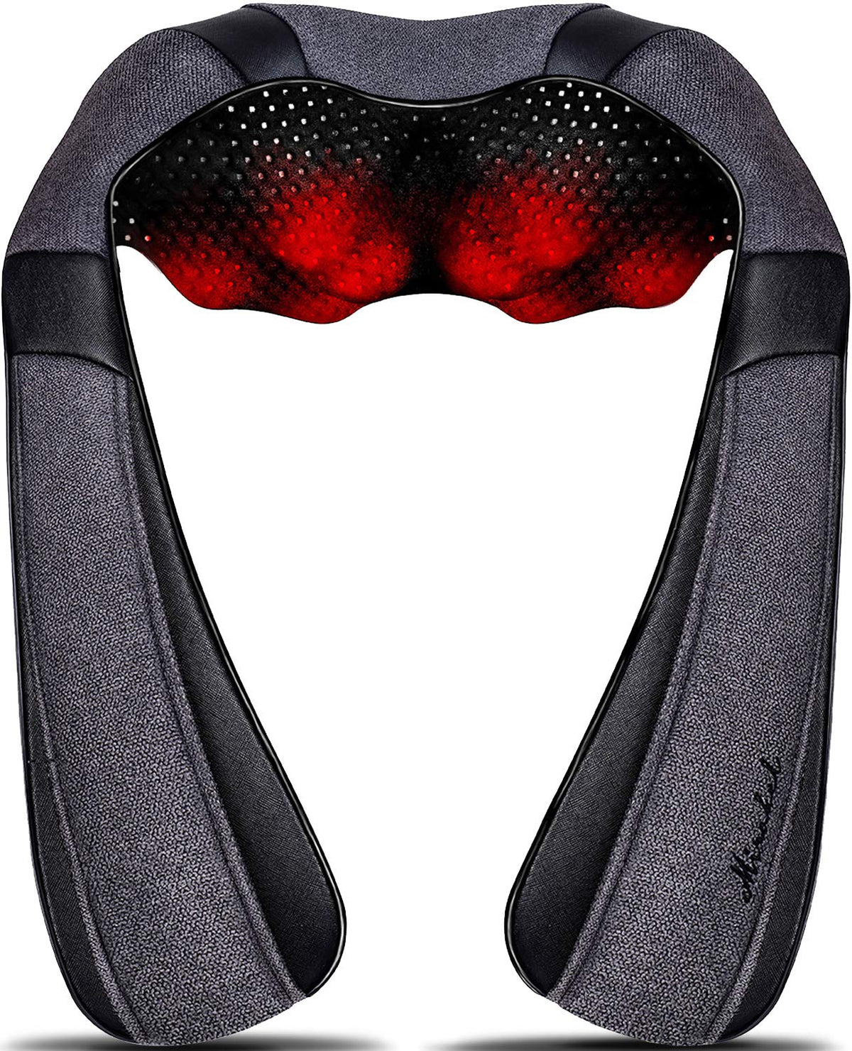 Mirakel heat neck massager wrapped around a model's neck showing cushioned band and control panel