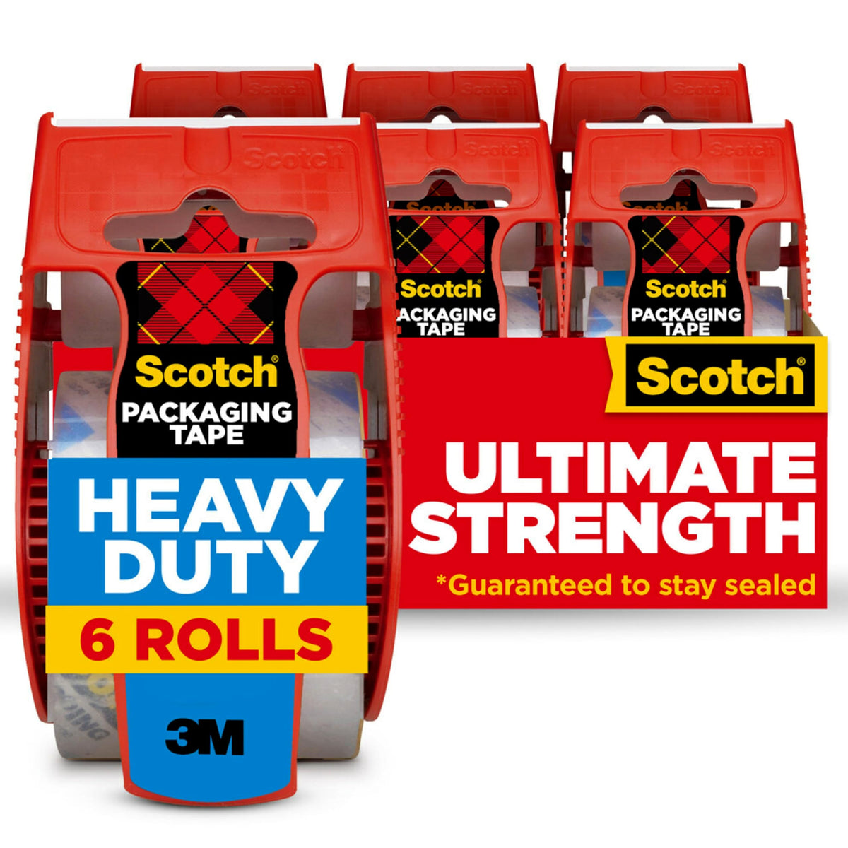 Six rolls of Scotch heavy-duty clear packing tape (1.88 in x 800 in) on a white background