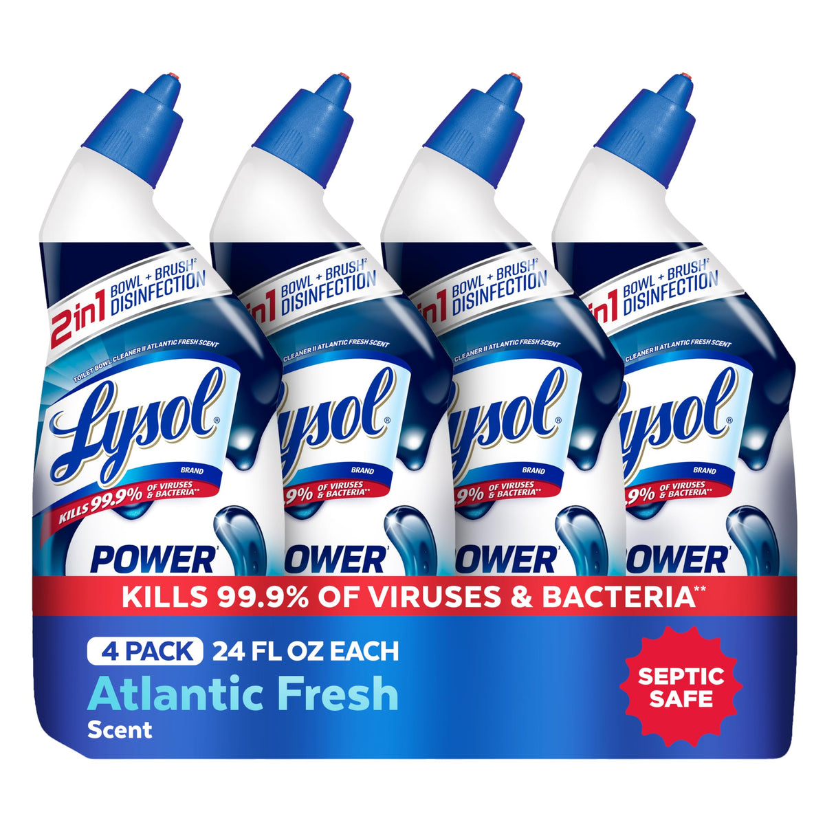Four 24 oz bottles of Lysol Toilet Bowl Cleaner Clinging Gel showing blue label, angled nozzle