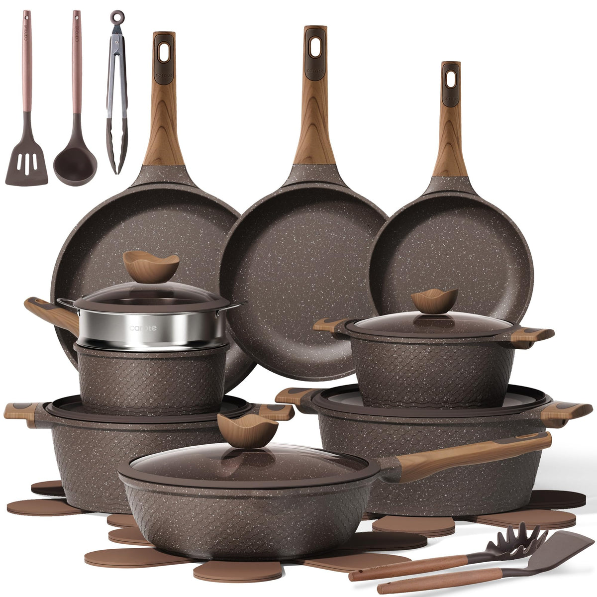CAROTE 26-piece nonstick cookware with pots, pans and glass lids on white background