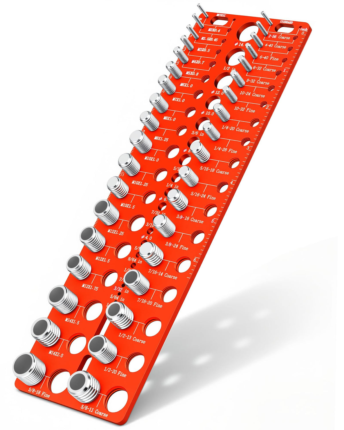 Manalete metal thread checker gauge with standard and metric thread slots and drill bit markings