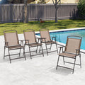 Brown Crestlive patio folding sling chair with armrests on a wooden deck