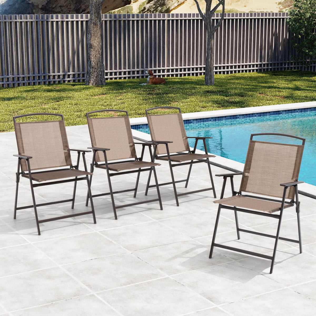 Brown Crestlive patio folding sling chair with armrests on a wooden deck