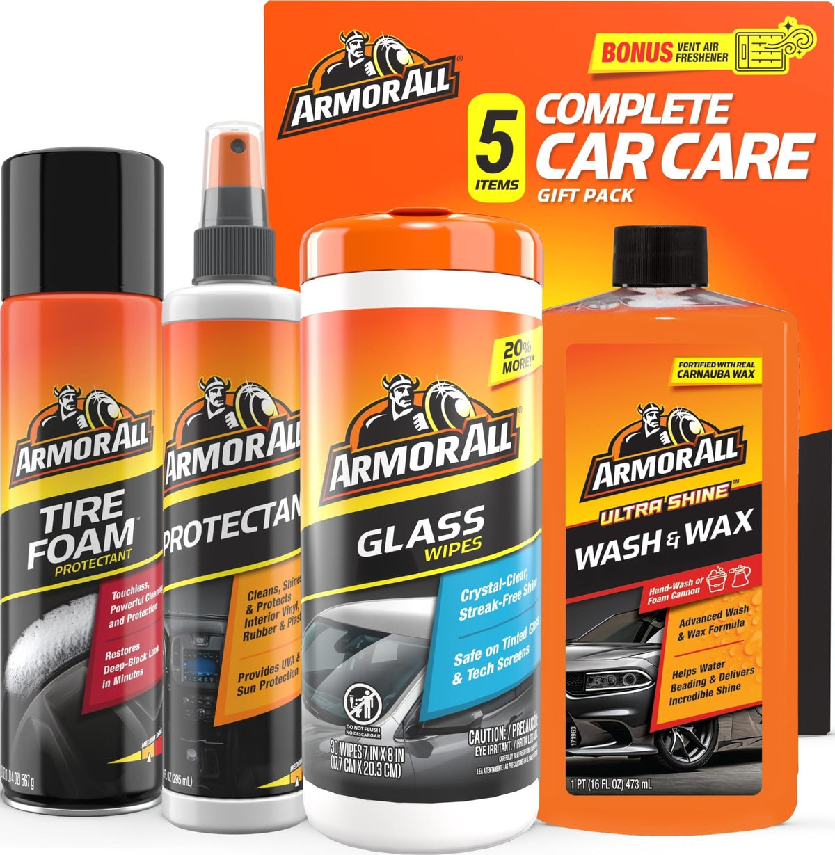 Armor All car cleaning kit with glass wipes, protectant spray, wash & wax bottle and tire foam