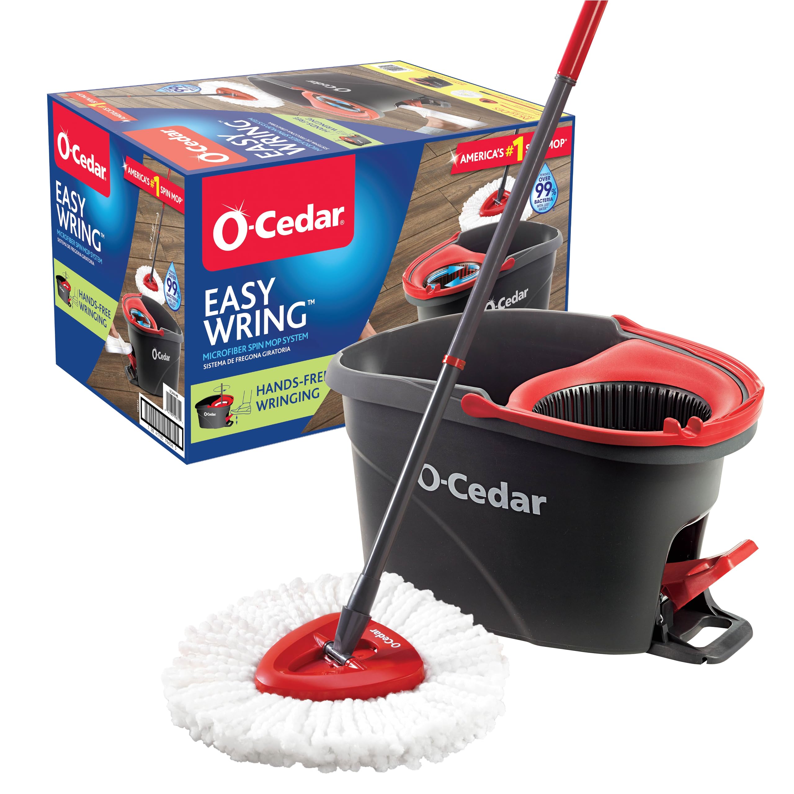 Red gray O-Cedar EasyWring microfiber spin mop bucket floor cleaning system