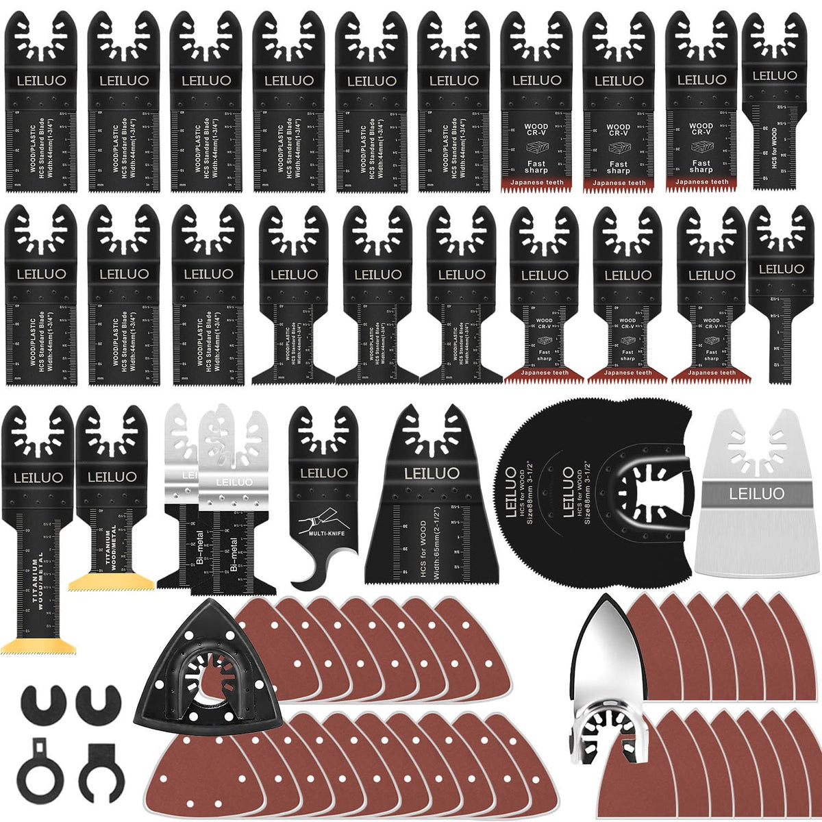 Assorted LEILUO oscillating multi-tool saw blades on white background