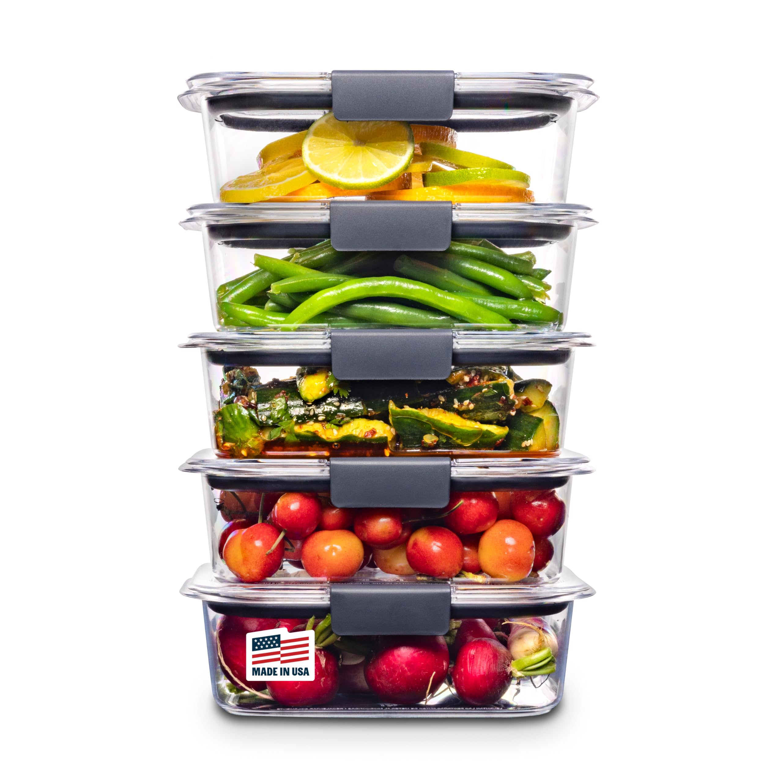 Clear Rubbermaid Brilliance Tritan food storage containers featuring airtight lids, 3.2-cup capacity