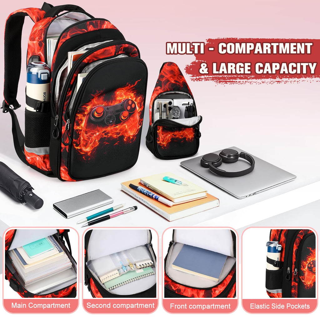Similove Backpack for Boys, 4PCS Cool Flame School Bags image 3