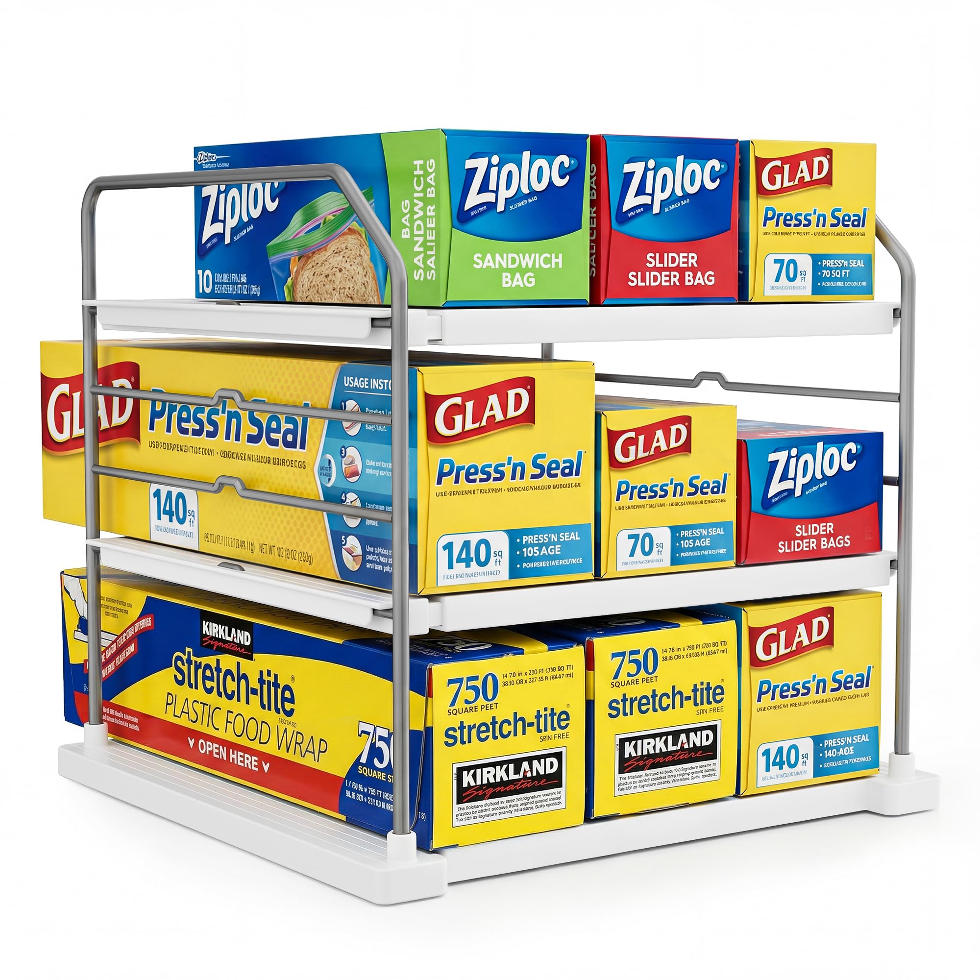 EVERIE extendable 3-tier cabinet organizer with adjustable shelves holding wrap boxes, foil rolls and jars