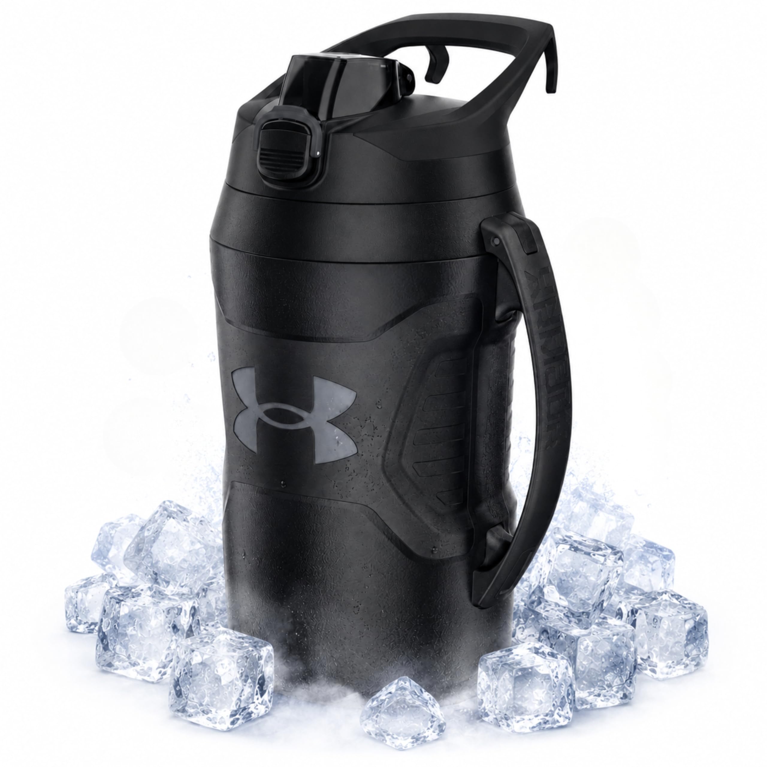 Black Under Armour 64oz insulated water bottle jug with handle and fence hook