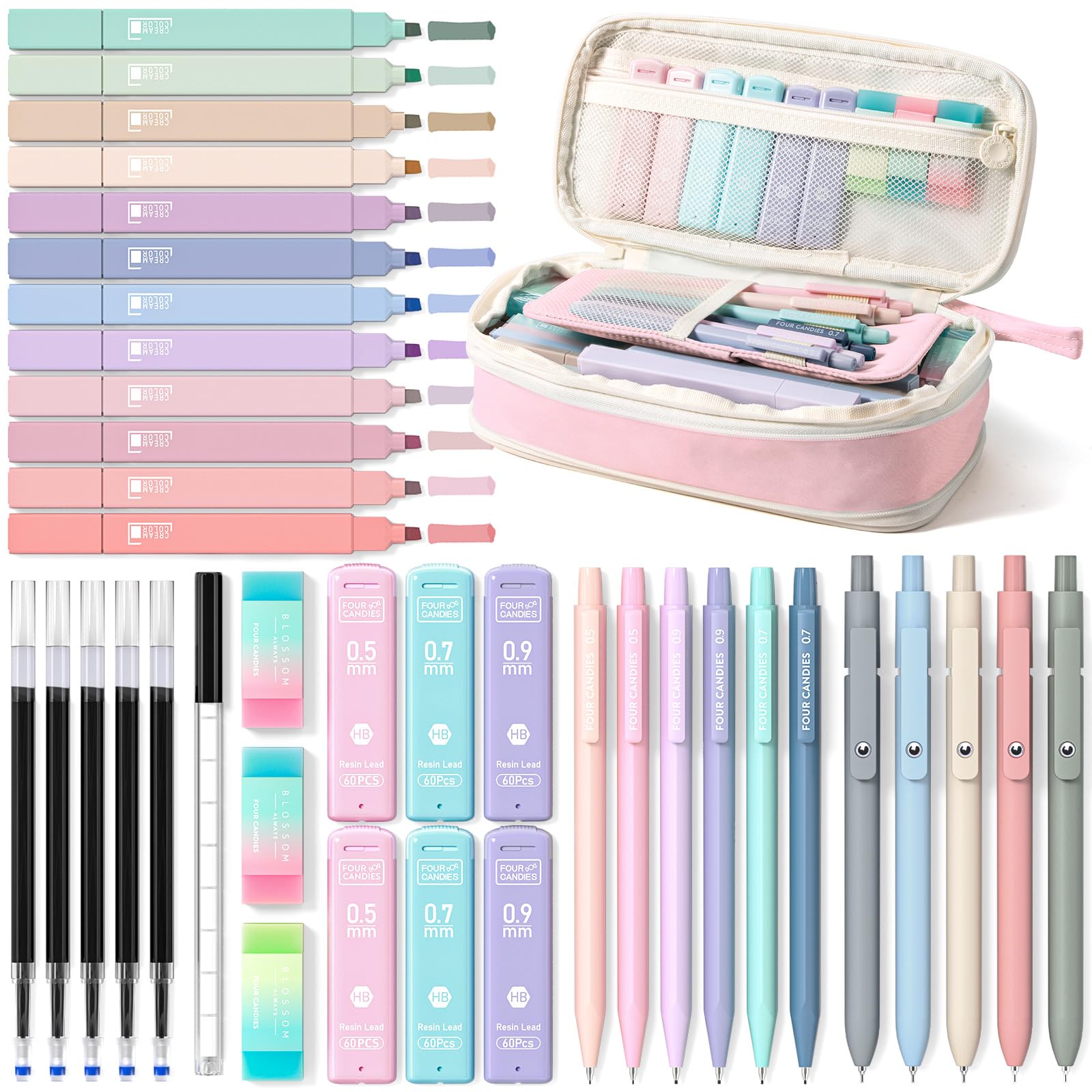 Pink Four Candies pencil case open showing 39 school supply items