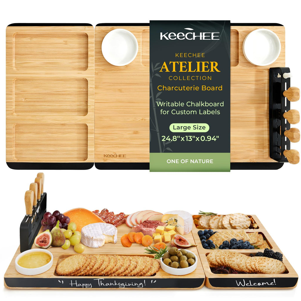 keechee Charcuterie Boards Set, Large Bamboo Cheese Board Set with Chalkboard Edge & Forks Set - Ideal for Housewarming Gift, Weddings, Bridal Showers, and Unique Gifts for Womem