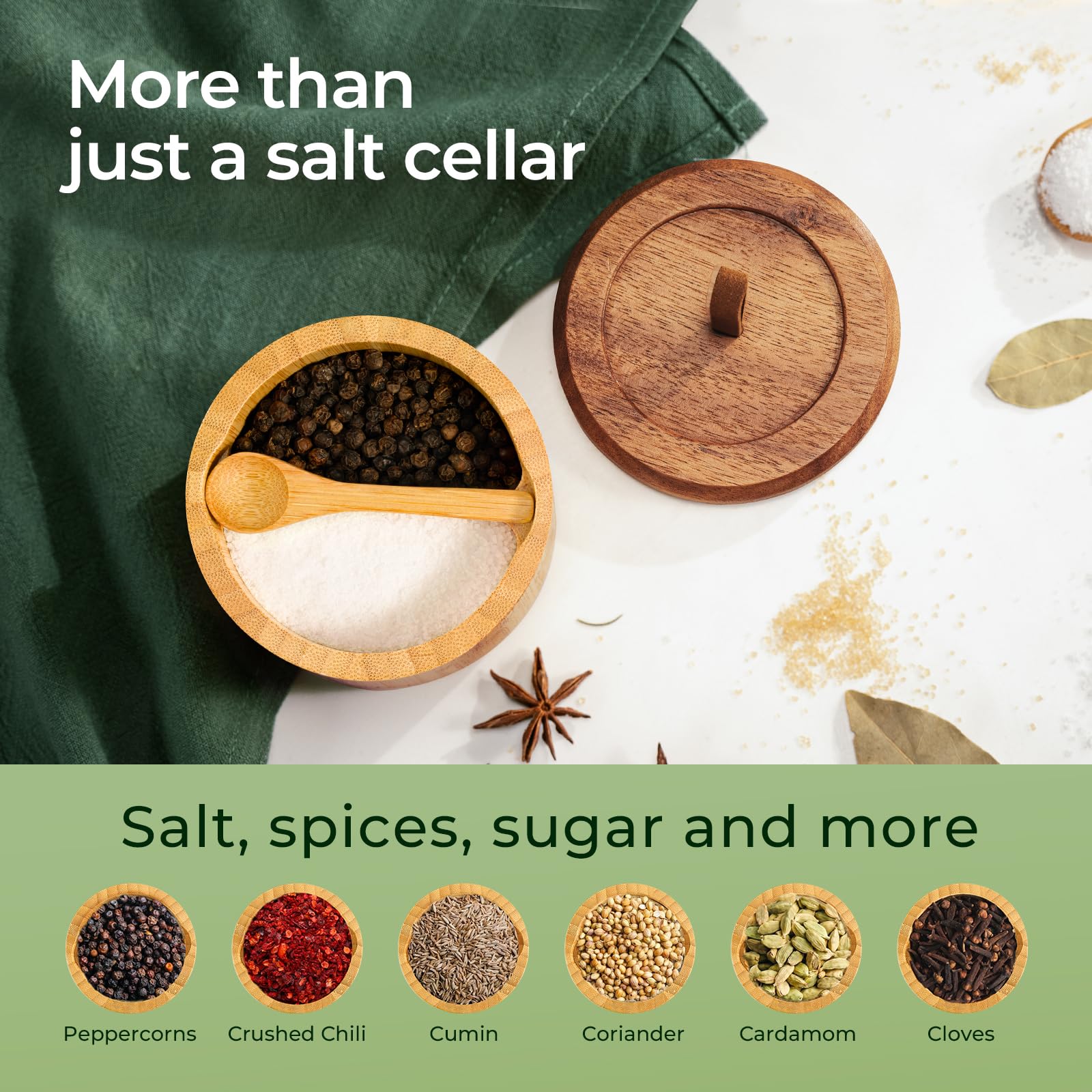 keechee Bamboo Salt Cellar with Acacia Lid & Spoon, 7oz Capacity with Built-In Spoon Slot & Labels, Two-Tone Countertop Seasoning Container (Dual Compartment (Divided) - 1 Pack) image 4