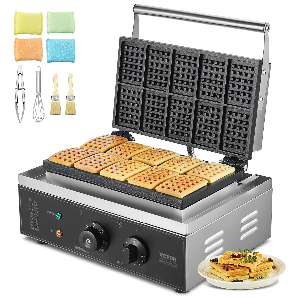 VEVOR 10-cavity stainless steel rectangle waffle maker with handles and temperature controls