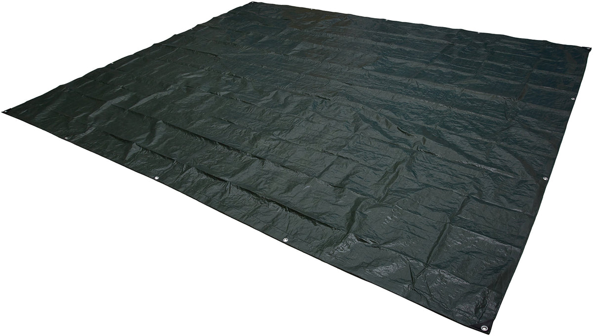 Dark green AmazonBasics waterproof camping tarp 9.5 x 11.3 ft with reinforced corners and edges