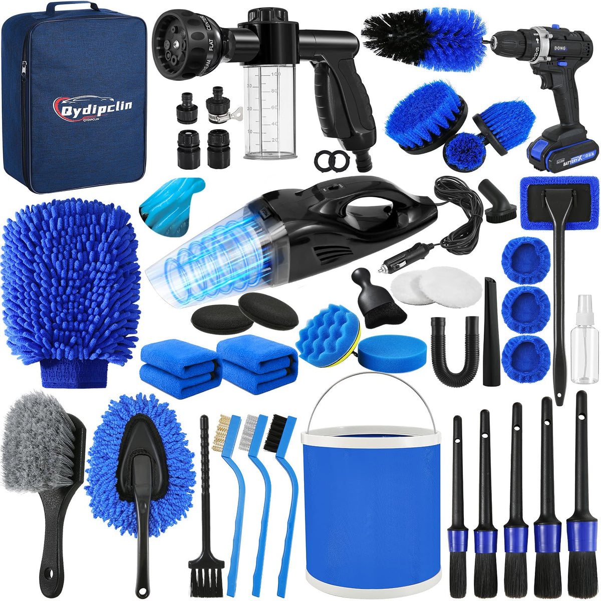 Blue 45-piece car detailing brush kit with multiple small brushes and cleaning tools