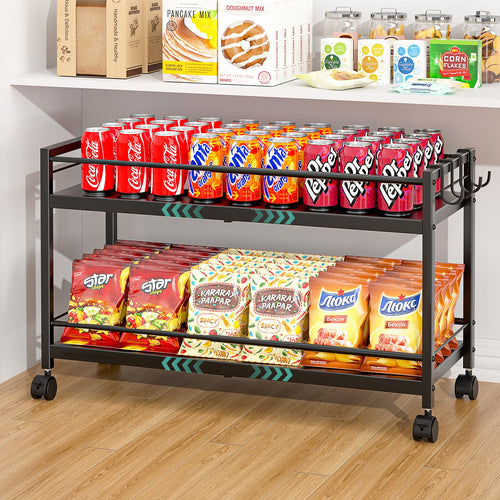 Black 2-tier expandable rolling pantry cart on wheels with adjustable shelves