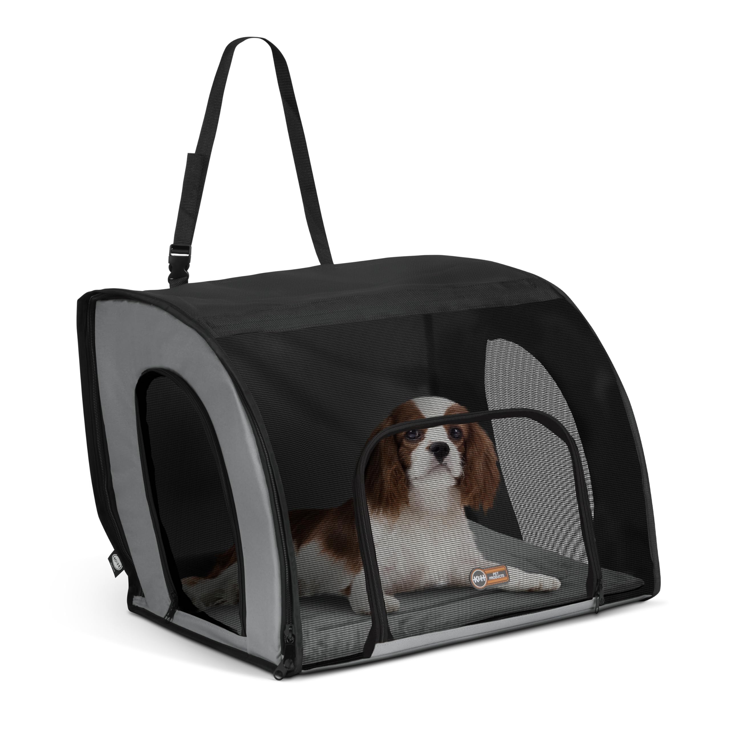 Gray and black K&H medium dog car seat travel carrier installed on a vehicle seat