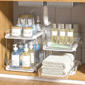 White Delamu 2-tier stackable under-sink organizer with pull-out trays and movable dividers