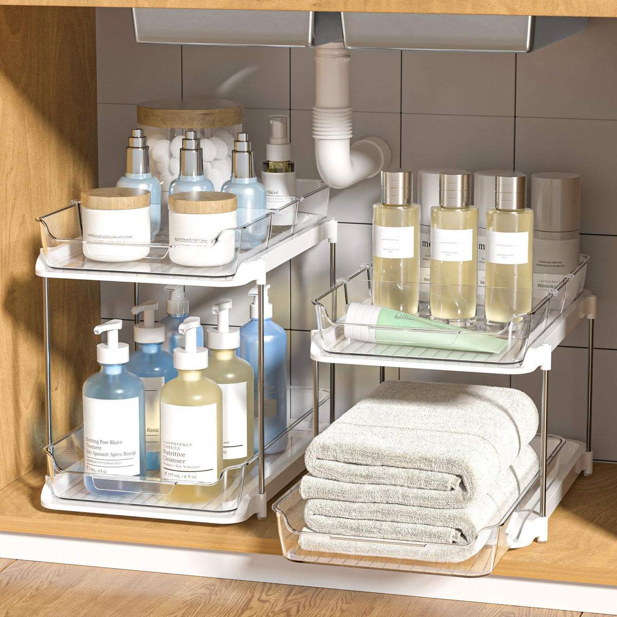 White Delamu 2-tier stackable under-sink organizer with pull-out trays and movable dividers