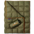 Get Out Gear 650 fill down camping blanket folded compact on a backpack