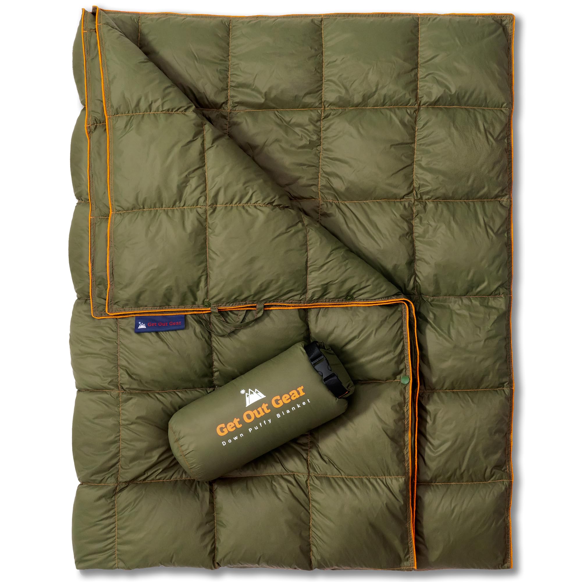 Get Out Gear 650 fill down camping blanket folded compact on a backpack