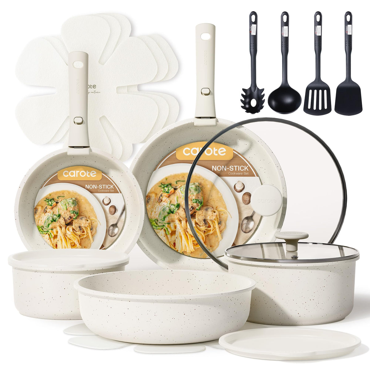 CAROTE 19-piece nonstick pots and pans with detachable handle displayed