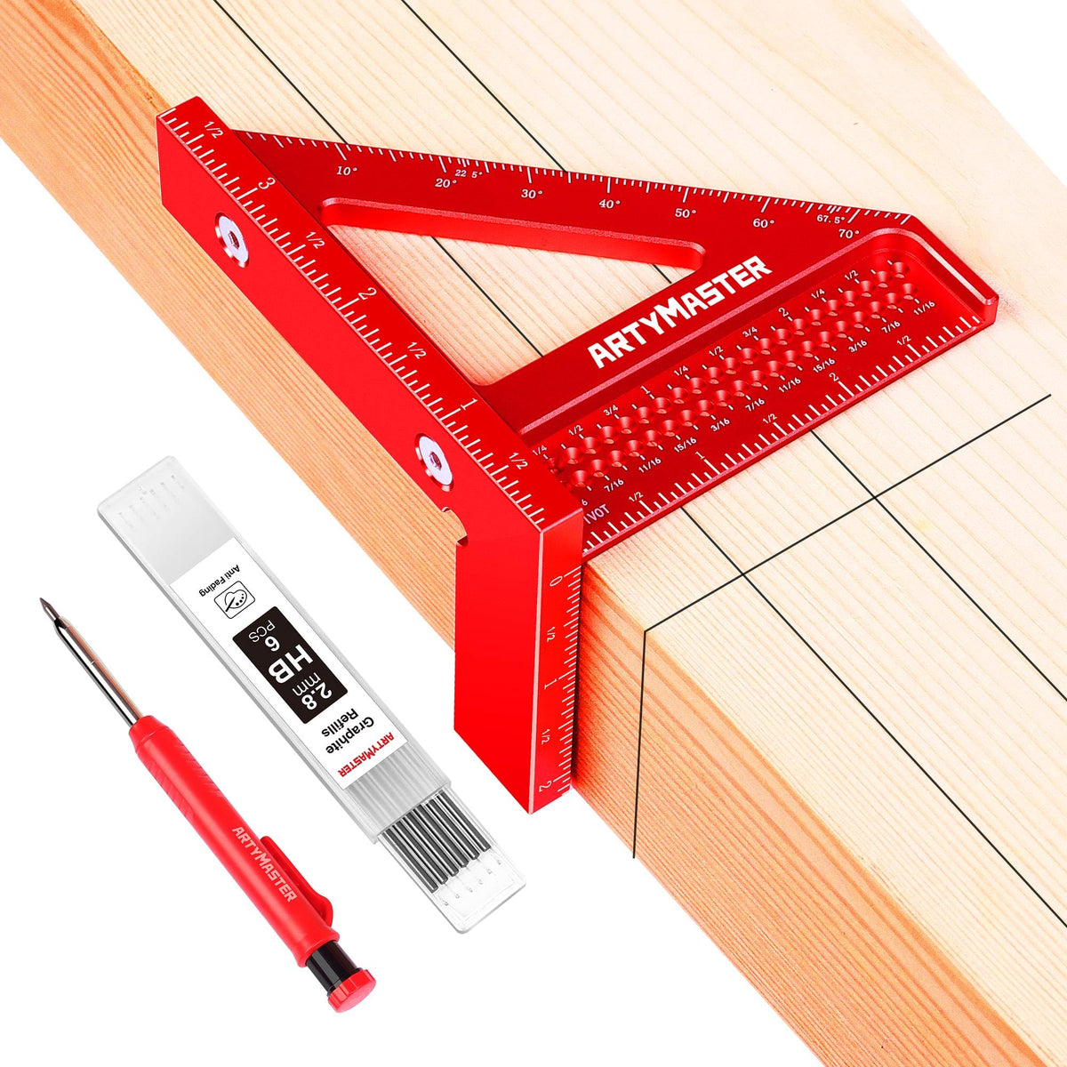 ARTYMASTER 3.8-inch aluminum mini multi-angle measuring square with carpenter pencils