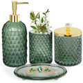 Sage green glass bathroom accessories 4-piece display: soap dispenser, tumbler, soap dish, toothbrush holder