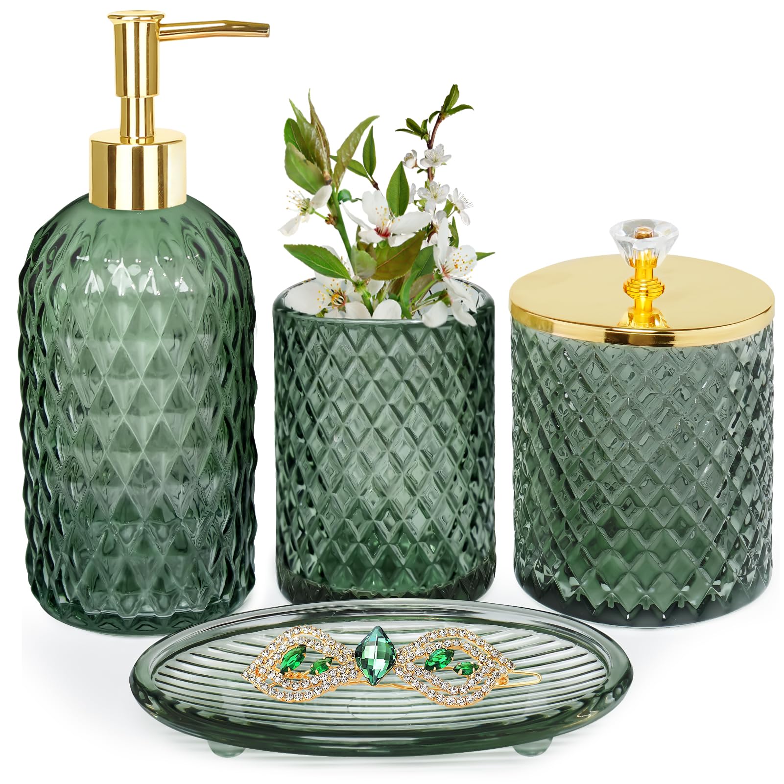 Sage green glass bathroom accessories 4-piece display: soap dispenser, tumbler, soap dish, toothbrush holder