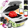 Fullstar vegetable chopper, spiralizer showing blade attachments on countertop