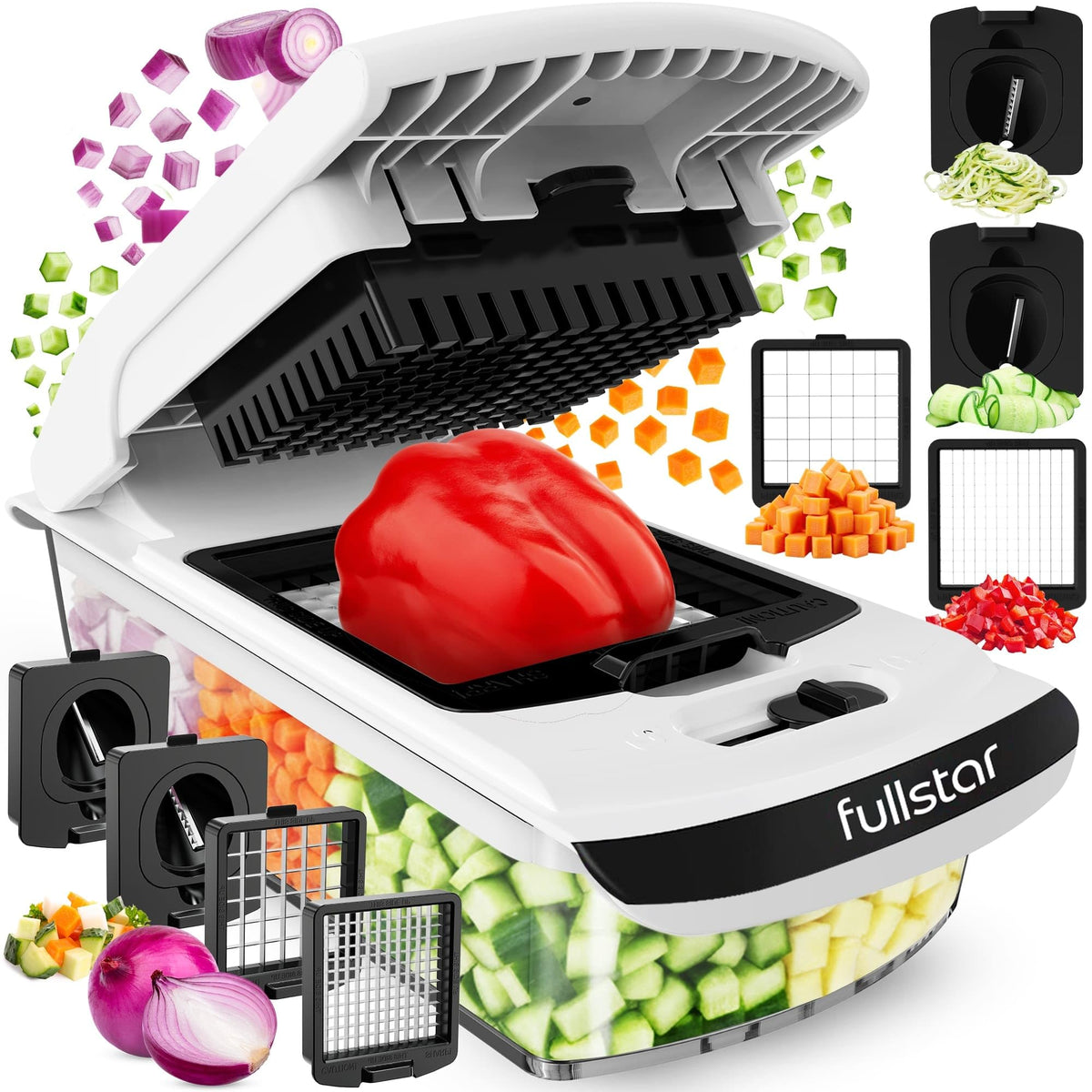 Fullstar vegetable chopper, spiralizer showing blade attachments on countertop