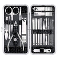 Black case open displaying 18 stainless steel manicure tools and nail clippers by Yougai