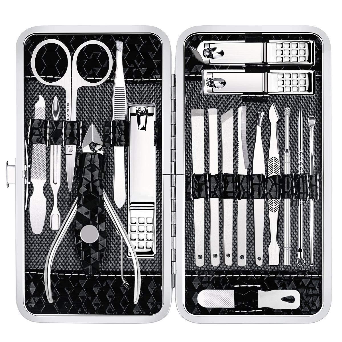 Black case open displaying 18 stainless steel manicure tools and nail clippers by Yougai