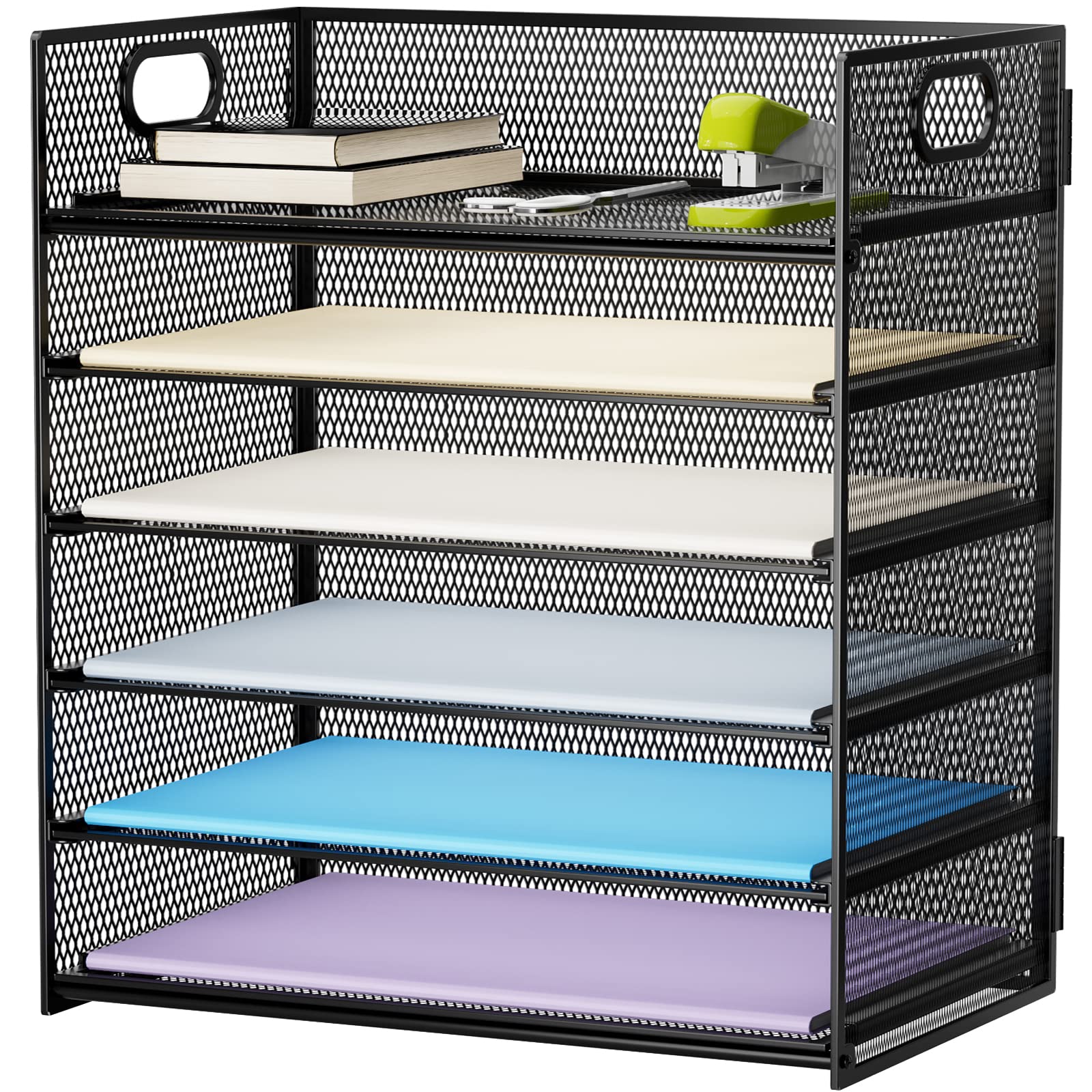 Black Marbrasse 6-tier mesh metal letter tray organizer featuring handle on office desk