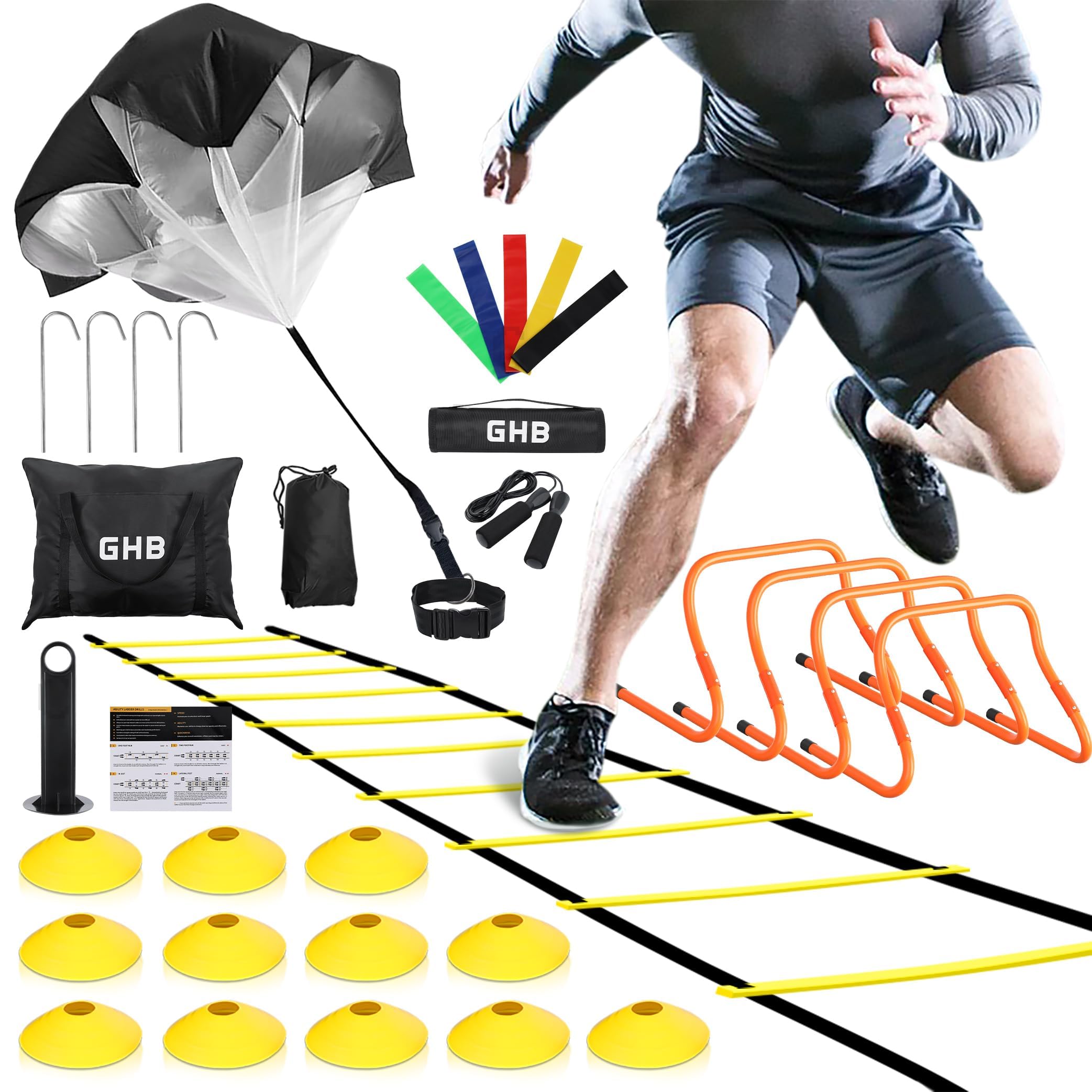 GHB agility ladder laid out on artificial turf, carrying straps visible