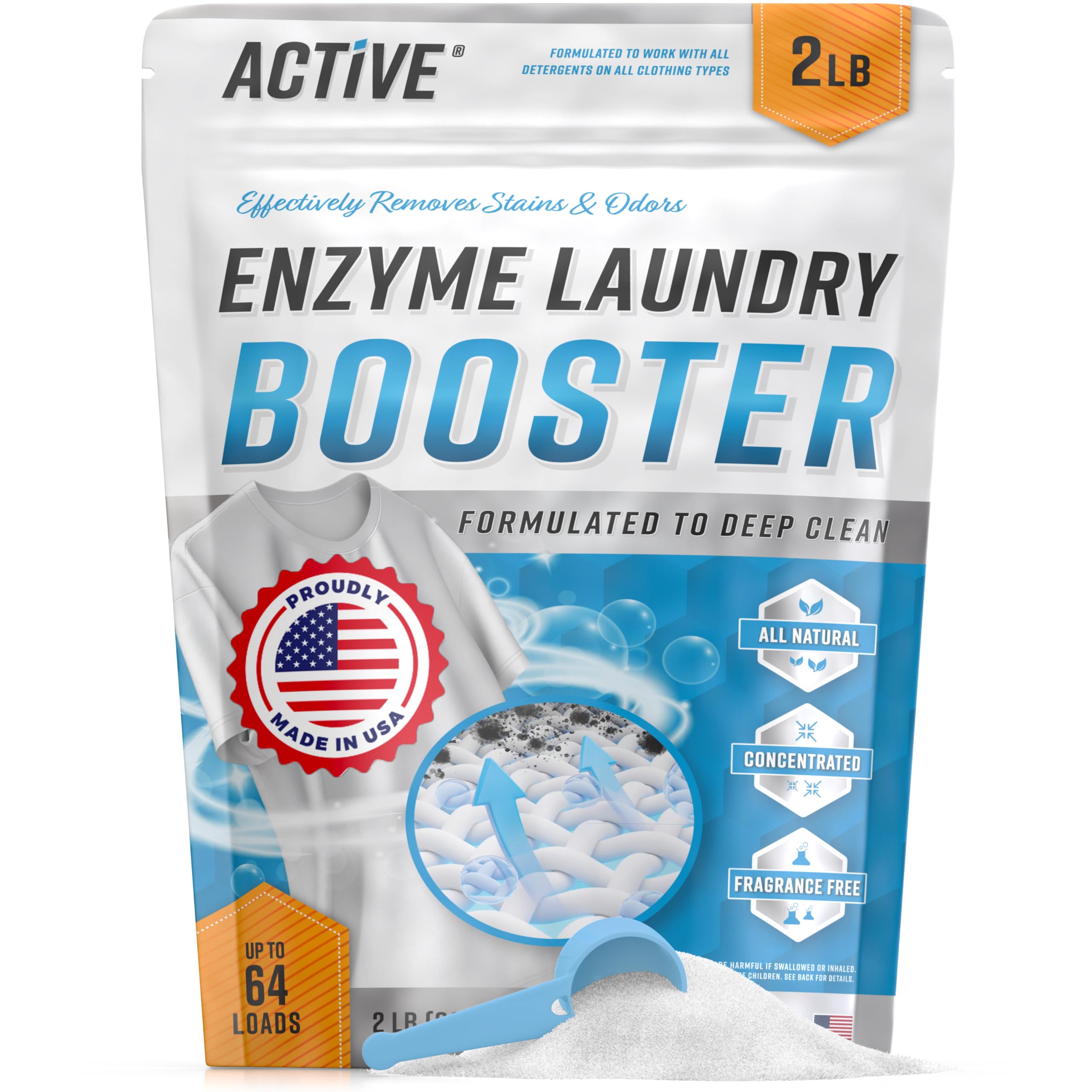 ACTIVE 2 lb container of enzyme laundry booster powder with unscented label