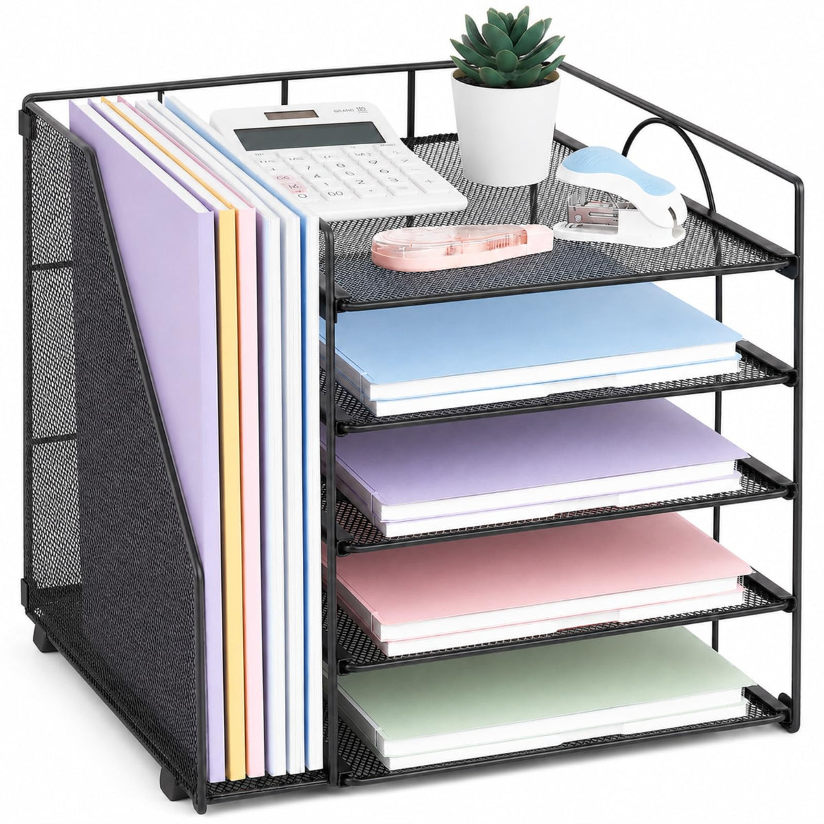 Black LEKETREE 5-tier paper letter tray organizer with integrated file holder on desk